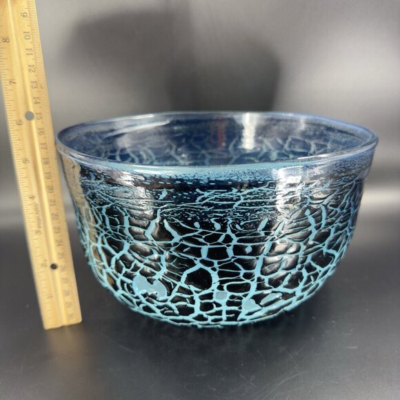 1987 Hand Blown Art Glass Large Bowl Dish Lava Glaze Finish Blue Black Signed - Picture 3 of 16